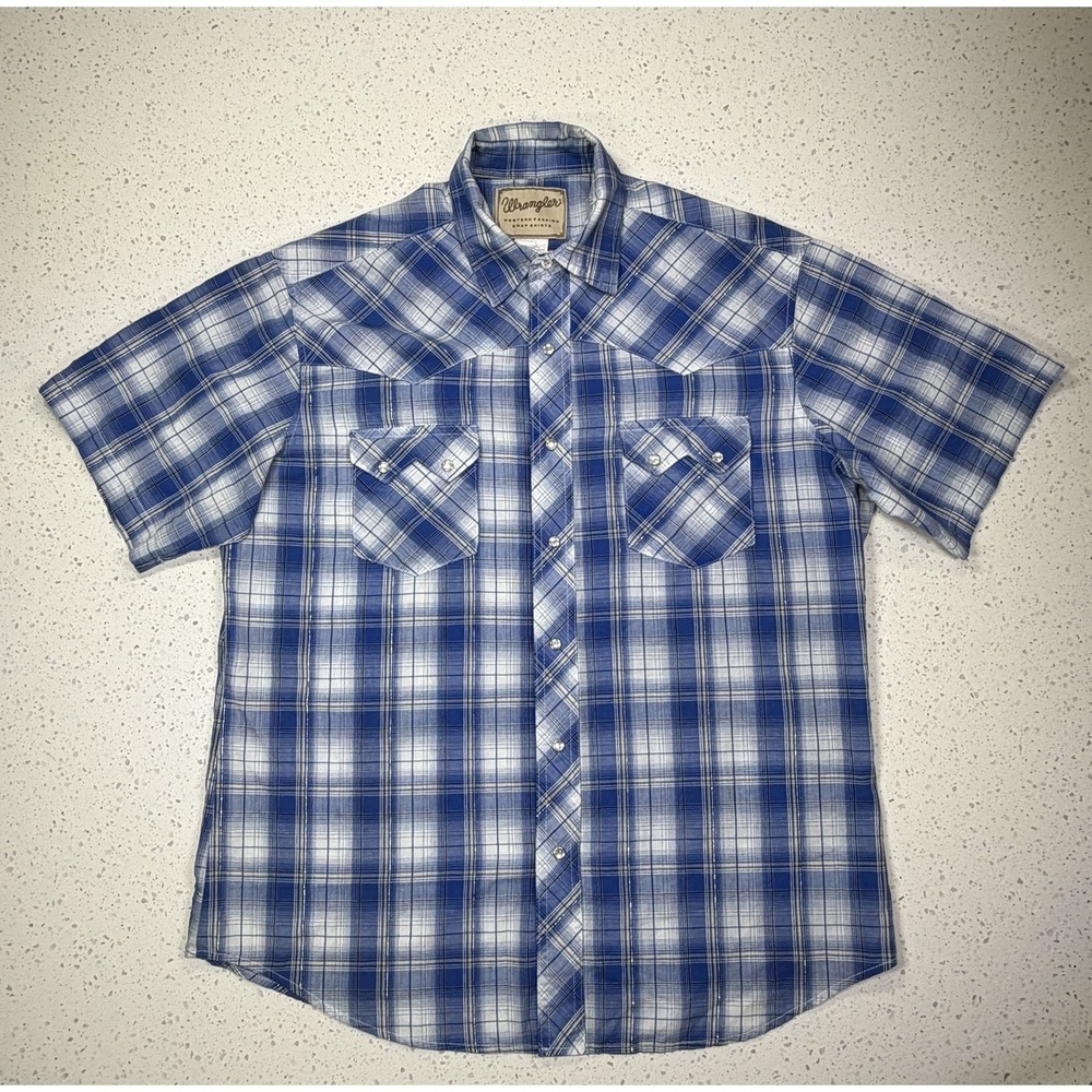 Wrangler Men's Blue White Plaid Western Snap Button-Up Shirt Short Sleeve